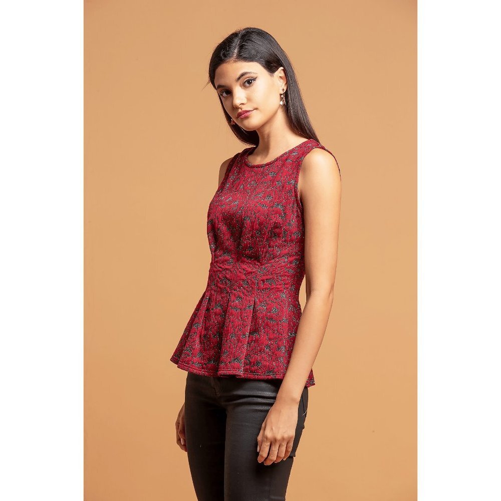 Anthropologie Eva Franco Metallic Sleeveless Peplum Top Tank Burgundy - Picture 2 of 5